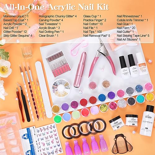 Acrylic Nail Kit with Drill - 24 Colors of Glitter Acrylic Powder And Liquid Monomer Set for Beginners Nails Set - Nail Kit Set Professional Acrylic with Everything for Nail Extension - Image 2