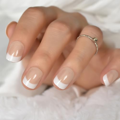 Acrylic Nude Nails Press on With Classic French Design Light Pink Diy Natural Reusable Glossy Full Cover Short Squoval Artificial False Nails for Women Girls Gift Office Holiday 24pcs/set