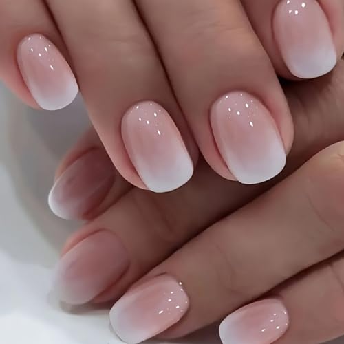 Acrylic Press on Nails Short French Fake Nails Pink White Gradient Designs Short Square Stick on Nails Gloss Artificial False Nails Cute Press on Nails Small Fake Nails for Women Girls