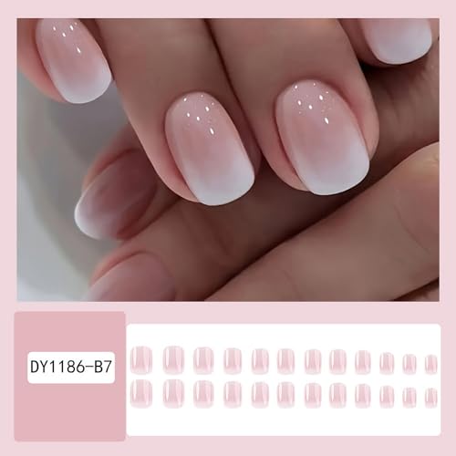 Acrylic Press on Nails Short French Fake Nails Pink White Gradient Designs Short Square Stick on Nails Gloss Artificial False Nails Cute Press on Nails Small Fake Nails for Women Girls - Image 2