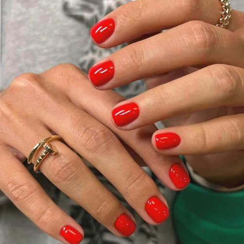 AddFavor 24pcs Short Glossy Red Square Press on Nails Set with Adhesive Tabs and Nail File