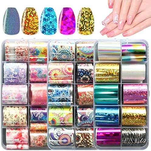 AddFavor 30 Roll Transfer Nail Foil Sticker Mandala Flower Printed Nail Foil Transfer Sheets Holographic Silver Golds Colorful Decals Nail Art Sticker for Women Girls