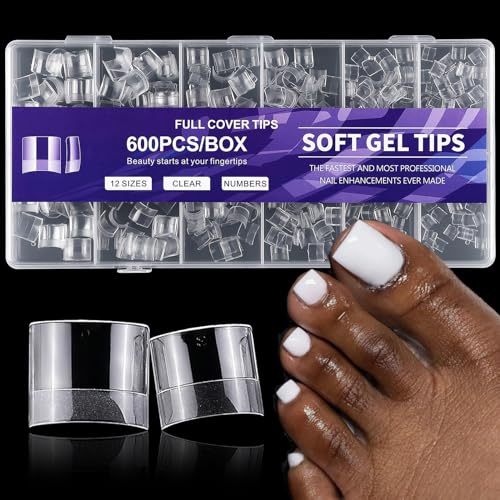 AddFavor 600pcs Soft Gel Toe Nail Tips Clear Square Acrylic Fake Nails 12 Sizes