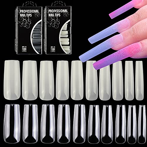 AddFavor Extra Long Square Nail Tips XL Full Cover Acrylic False Fake Nails 10 Sizes for Nail Salons and Home DIY Design (Clear & Natural)