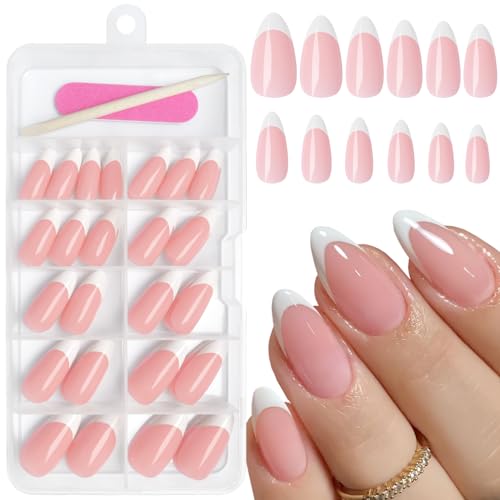 AddFavor French Press on Nails Medium Almond Fake Nails, 120pcs White French Tips Press on Nails Gel Glossy Nude Almond Nails Press on Artificial False Nail with Adhesive Tab for Women Girls