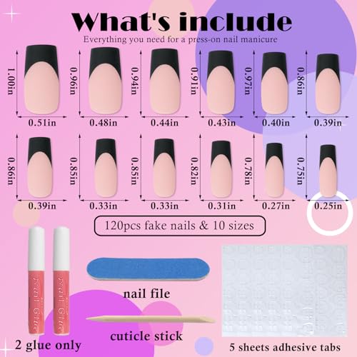 AddFavor French Tips Press on Nails Medium Square Fake Nails, 120pcs Black French Nails Press on Long Square Matte Nude Acrylic Nails Artificial False Glue Nails with Adhesive Tabs for Women - Image 5