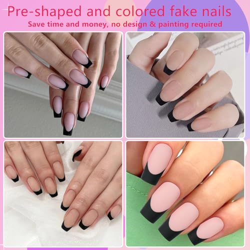 AddFavor French Tips Press on Nails Medium Square Fake Nails, 120pcs Black French Nails Press on Long Square Matte Nude Acrylic Nails Artificial False Glue Nails with Adhesive Tabs for Women - Image 6