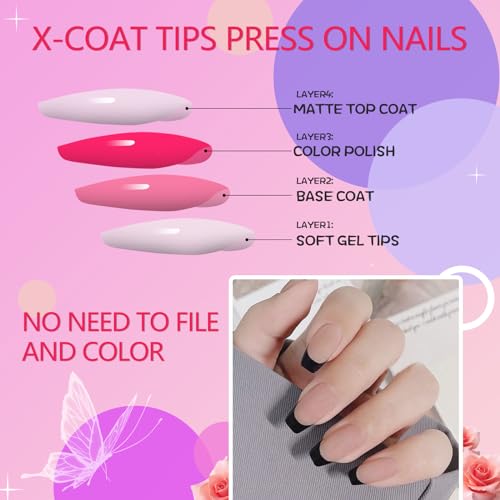 AddFavor French Tips Press on Nails Medium Square Fake Nails, 120pcs Black French Nails Press on Long Square Matte Nude Acrylic Nails Artificial False Glue Nails with Adhesive Tabs for Women - Image 4