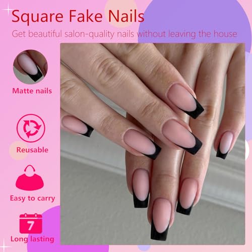 AddFavor French Tips Press on Nails Medium Square Fake Nails, 120pcs Black French Nails Press on Long Square Matte Nude Acrylic Nails Artificial False Glue Nails with Adhesive Tabs for Women - Image 3