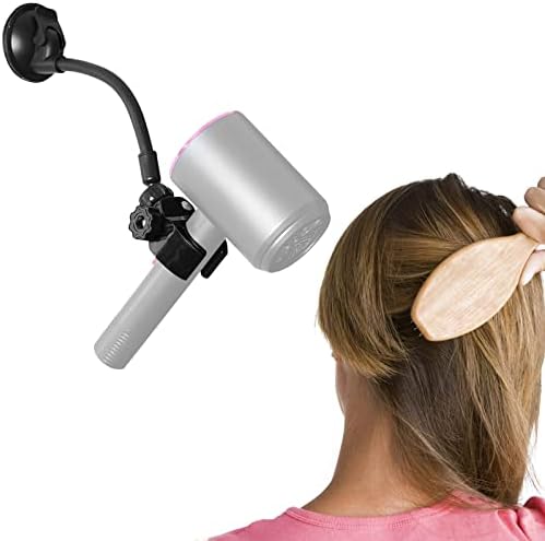 Adjustable Hair Dryer Holder Stand, 360 Degree Rotation Blow Dryer Bracket with Positionable Arm and Suction Cup, Hands Free Hair Dryer Holder for Mirror and Ceramic Tile (Black 1Pack)