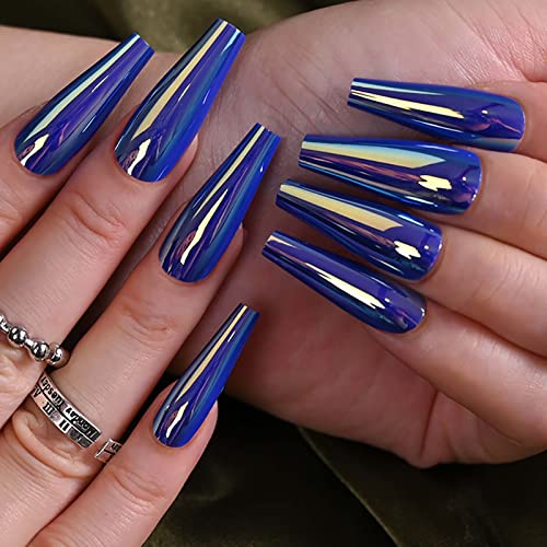Aeeo Blue Press on Nails Long Coffin Fake Nails Glossy Ballerina False Nails with Glue Acrylic Nails Stick on Nails Artificial Nails for Women