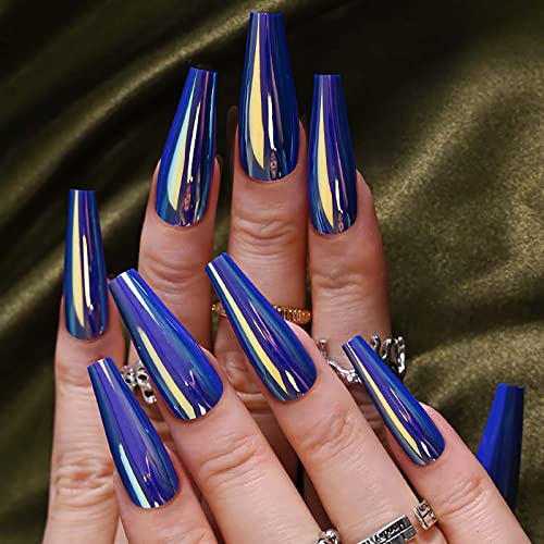 Aeeo Blue Press on Nails Long Coffin Fake Nails Glossy Ballerina False Nails with Glue Acrylic Nails Stick on Nails Artificial Nails for Women - Image 4