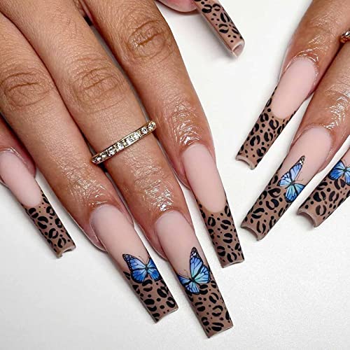 Aeeo Leopard Press on Nails Blue Butterfly Fake Nails Extra Long False Nails with Design French Tip Acrylic Nails Matte Manicure Stick on Nails for Women