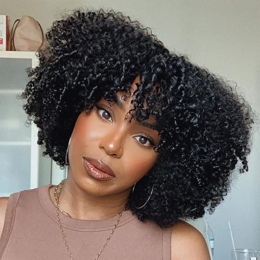 Afro Kinky Curly Human Hair wig With Bangs Full Machine Made Scalp Top Wig 200 Density Virgin Brazilian Short Curly Wigs Human Hair Natural Color 14 Inch