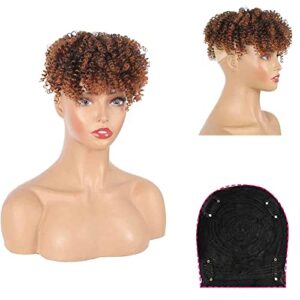 Afro Kinky Curly Ombre Hair Topper with Bangs 16 Inch Synthetic Natural Volume Style
