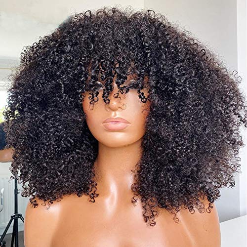 14 Inch Afro Kinky Curly Virgin Brazilian Human Hair Wig with Bangs 200 Density