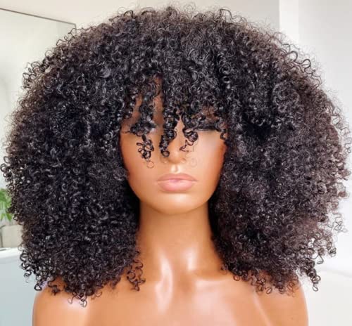 Afro Kinky Curly Wig With Bangs 200 Density Full Machine Made Human Hair Wig Scalp Top Wig Brazilian Short Curly Wigs For Black Women Natural Color 16 Inch - Image 2