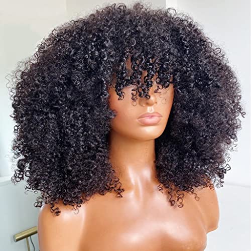 Afro Kinky Curly Wig With Bangs 200 Density Full Machine Made Human Hair Wig Scalp Top Wig Brazilian Short Curly Wigs For Black Women Natural Color 16 Inch - Image 3