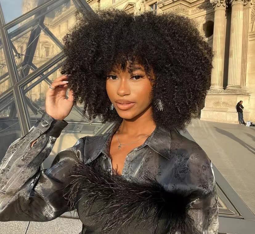 Afro Kinky Curly Wig With Bangs 200 Density Full Machine Made Human Hair Wig Scalp Top Wig Brazilian Short Curly Wigs For Black Women Natural Color 16 Inch - Image 6