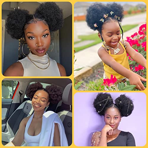 Afro Puff Drawstring Ponytail Human Hair Small Kinky Curly Ponytail Buns Hairpieces 8A Brazilian Virgin Hair Short Clip In Ponytails for Black Women Girls Kids 6 Inch Natural Black - Image 5