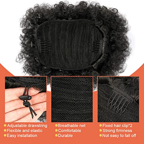 Afro Puff Drawstring Ponytail Kinky Curly Bun Hair Synthetic Short Extensions Hairpieces Updo Hair for Black Women (8inch, 1B) - Image 4
