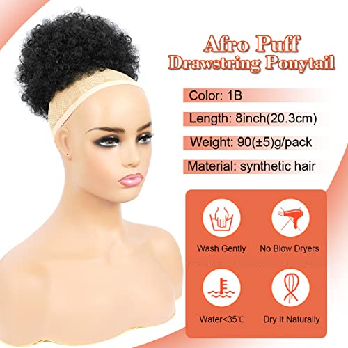 Afro Puff Drawstring Ponytail Kinky Curly Bun Hair Synthetic Short Extensions Hairpieces Updo Hair for Black Women (8inch, 1B) - Image 2