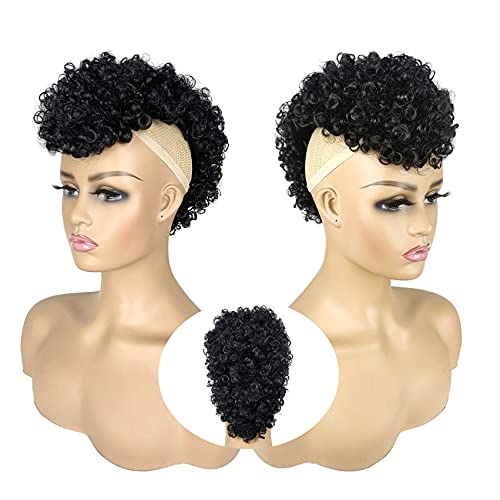 Afro Puff Mohawk Ponytail Jerry Curly Non Drawstring Ponytail Clip in Synthetic Fauxhawks Afro Puff Bun with Bangs Short Afro Kinky Curly Hair Bun Warp Hair Extensions with 6 BB Clips 1B - Image 2