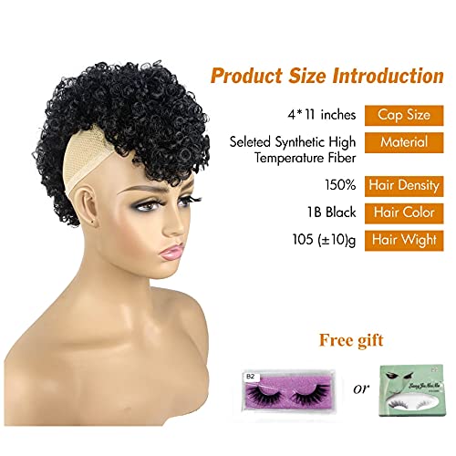 Afro Puff Mohawk Ponytail Jerry Curly Non Drawstring Ponytail Clip in Synthetic Fauxhawks Afro Puff Bun with Bangs Short Afro Kinky Curly Hair Bun Warp Hair Extensions with 6 BB Clips 1B - Image 3