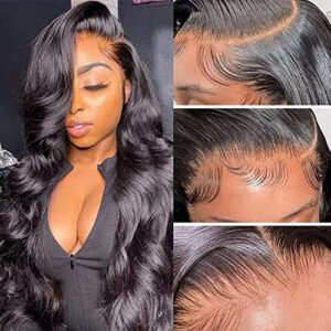 Aicrelery 28 Inch 13x6 Body Wave Human Hair Lace Front Wig for Women Natural Color
