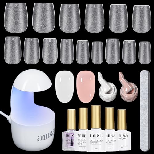 AILLSA Extra Short Coffin Gel Nail Kit 240pcs Full Nail Tips with 2 In 1 Nail Glue Base Top Coat Nail Dehyrator U v Led Lamp, Gel Extension Nail Kit for Beginners Home Salon