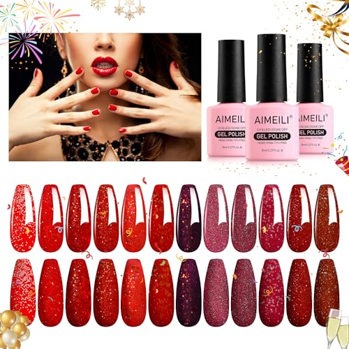 AIMEILI Gel Nail Polish Soak Off U V LED Hema Free Red Glitter Gel Polish Colors for Christmas Nail Art DIY Gel Nail 12 x 8ML-Kit Set 28