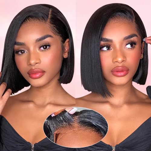 AISI Wear and Go Glueless Wigs Human Hair Pre Plucked Pre Cut Short Straight Bob Lace Front Wigs for Black Women 4x4 Lace Closure Glueless Wigs Human Hair with Elastic Band for Beginners 8 Inch