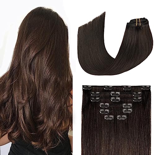 Aison Dark Brown Clip in Hair Extensions Real Human Hair 100G 100% Real Human Hair Clip in Hair Extensions Soft Silky Straight 7pcs 16clips One Pack (20 Inch #2)