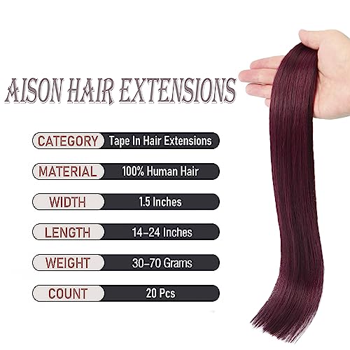 Aison Tape in Hair Extensions Real Human Hair Wine Red 99j 100% Remy Human Hair Extensions Burgundy Silky Straight for Fashion Women 20 Pcs/Package(14Inch #99j 30g) - Image 3