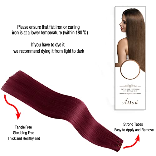 Aison Tape in Hair Extensions Real Human Hair Wine Red 99j 100% Remy Human Hair Extensions Burgundy Silky Straight for Fashion Women 20 Pcs/Package(14Inch #99j 30g) - Image 5