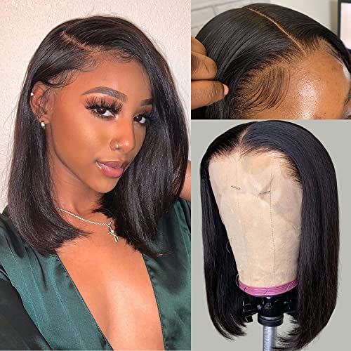 Alipeacock Short Bob Wig Human Hair 13x4 Lace Front Wigs Human Hair 150% Density Brazilian Virgin Straight Bob for Black Women Pre Plucked with Baby Hair Natural Black 14inch