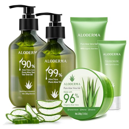 All Purpose Aloe Vera Gel Set - 6 Pieces - 300g Aloe Vera Gel, 300g Aloe Vera Gel + Tea Tree Oil, 200g Aloe Vera Gel, 2pcs x 114g Aloe Vera Gel & 45g Aloe Vera Gel