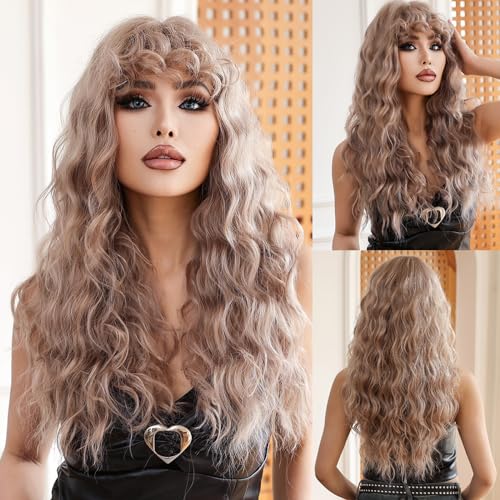Allbell Long Blonde Curly Wigs for Women, Synthetic Wavy Wig with Cute Bangs, Long Blonde Wig Natural Looking Heat Resistant Fibre,Long Wavy Wigfor Daily Party Use