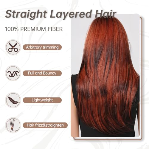 Allbell Long Straight Wigs for Women Red Mixed Brown Highlight Hair with Bangs Heat Resistant Fiber - Image 5