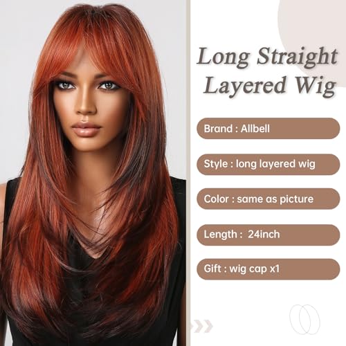 Allbell Long Straight Wigs for Women Red Mixed Brown Highlight Hair with Bangs Heat Resistant Fiber - Image 4