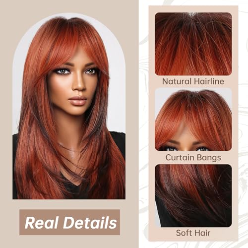 Allbell Long Straight Wigs for Women Red Mixed Brown Highlight Hair with Bangs Heat Resistant Fiber - Image 3