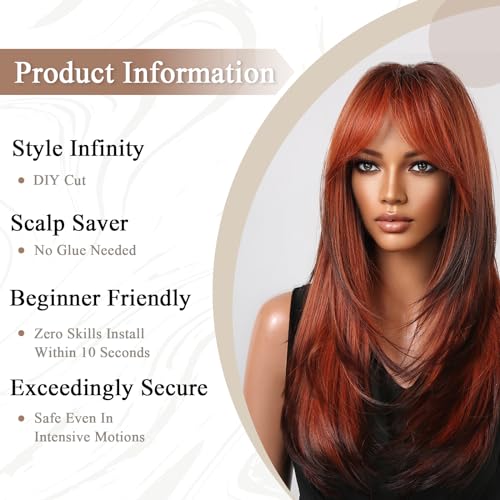 Allbell Long Straight Wigs for Women Red Mixed Brown Highlight Hair with Bangs Heat Resistant Fiber - Image 2