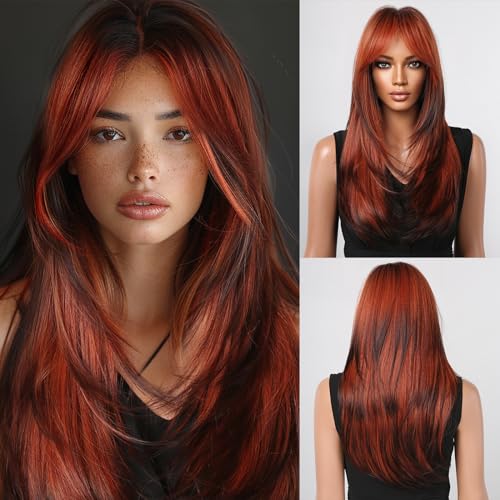 Allbell Long Straight Wigs for Women Red Mixed Brown Highlight Hair with Bangs Heat Resistant Fiber