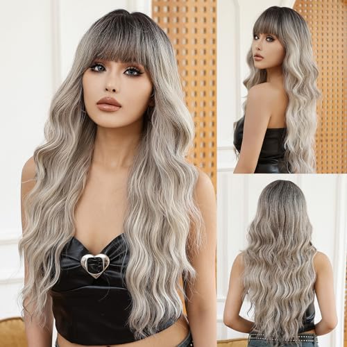 Allbell Long Wavy Platinum Blonde Wig with Dark Root 26 Inches Natural Heat Resistant Fiber Synthetic Curly Highlight Wigs with Bangs for Women Girls Daily Party Holiday Festival Chrismas Used