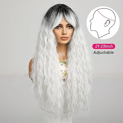 Allbell Long White Wigs for Women Curly Wigs with Bangs Heat Resistant Natural Synthetic Cosplay Wavy Wigs with Black Roots - Image 3
