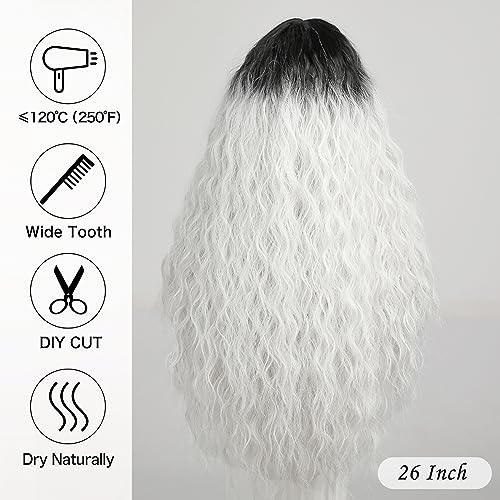 Allbell Long White Wigs for Women Curly Wigs with Bangs Heat Resistant Natural Synthetic Cosplay Wavy Wigs with Black Roots - Image 4