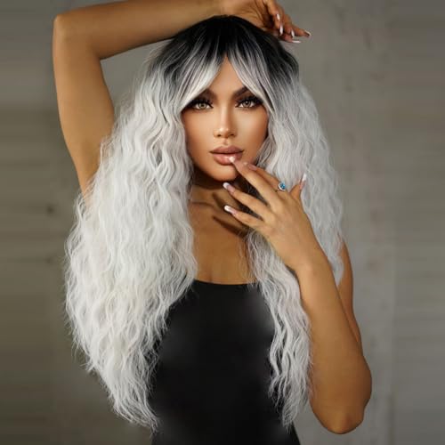 Allbell Long White Wigs for Women Curly Wigs with Bangs Heat Resistant Natural Synthetic Cosplay Wavy Wigs with Black Roots - Image 6
