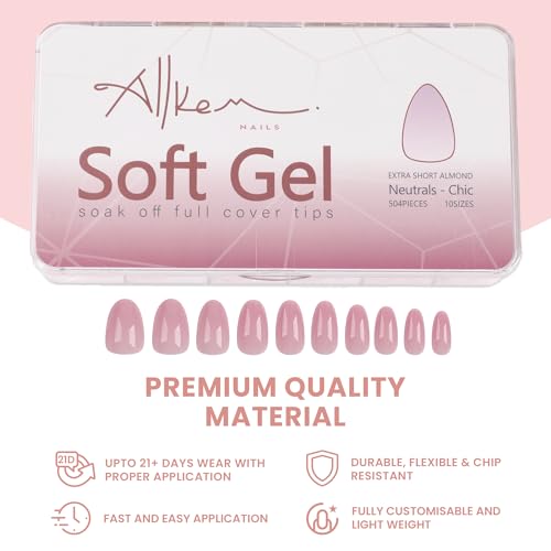 Allkem Soft Gel Nail Tips - Extra Short Almond Neutrals - Chic | 504 Pcs 12 Sizes Short Full Cover Nail Kit - Image 2