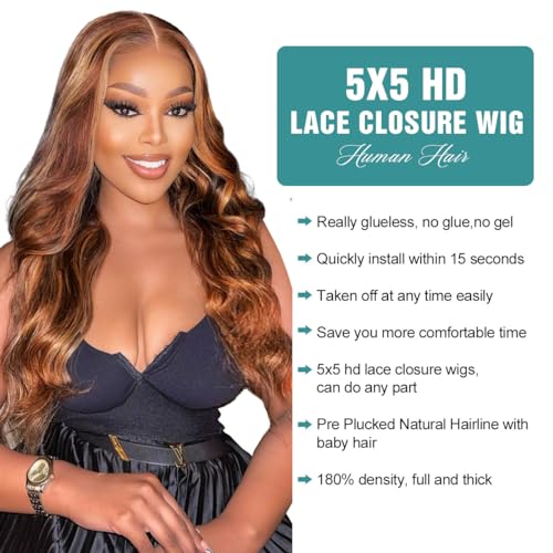 Allove 24 Inch Honey Blonde Ombre Body Wave 180% Density HD Lace Closure Wig - Image 2