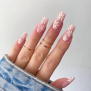 Yellow Flower Almond Press On Nails Kit for Women and Girls, 24 Piece Set